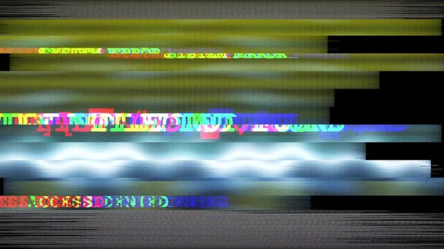 Blue and green crt glitch texture with neon scanlines. Digital noise static distortion shows a system error signal text.