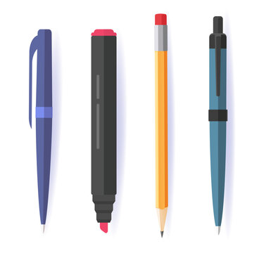 Pen and pencil marker vector illustration set isolated on white background, stationery study supplies collection image clip art modern flat
