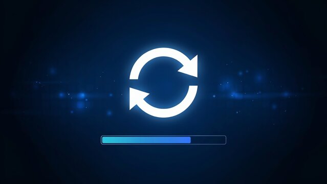 Glowing white circular refresh arrows above blue progress bar on dark blue digital background with bokeh lights