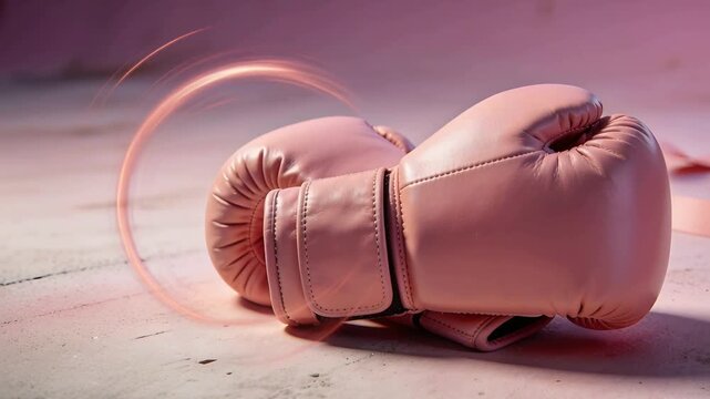 Sweeping rings from right tracing arc behind pink boxing gloves on table, highlighting gloves