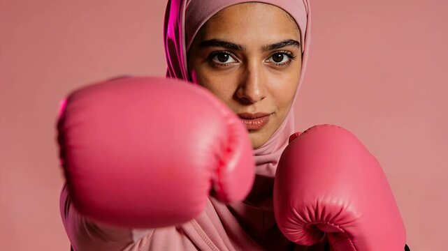 Jabbing boxer in pink hijab athletic top training in studio with camera rolling and pink gloves