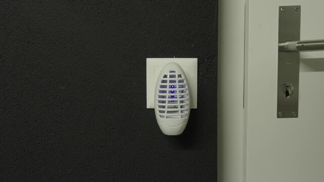 Hand plugging an electric mosquito killer into a wall socket before the device glows blue in a dark room.