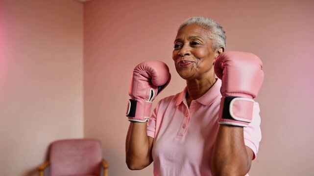 Breathing deeply senior woman in polo holding gloves at guard in pink room, smiling for exercise