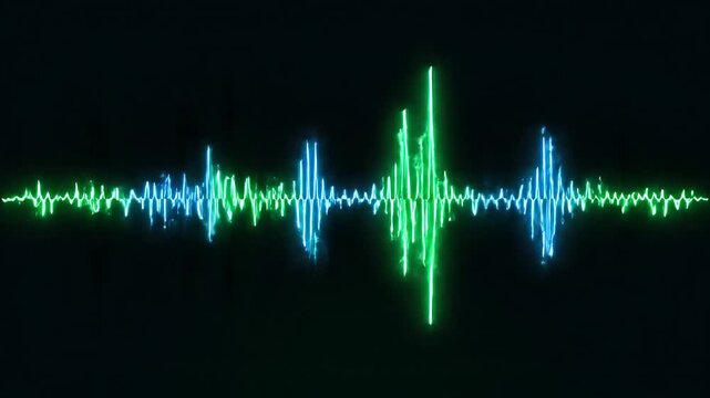 Dynamic neon green and blue audio spectrum waveform oscillating on a black background for music production