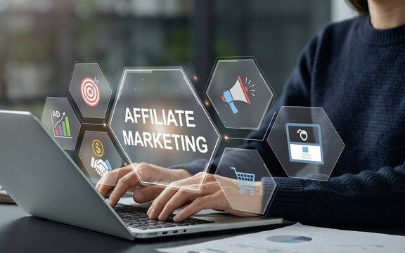 Person typing on laptop with affiliate marketing digital interface and showing target graph money handshake megaphone shopping cart and computer