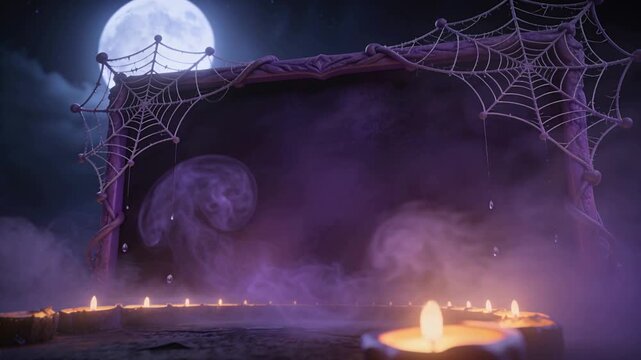 Forming center puff, violet mist filling wooden frame on ritual stage with candle ring and webs
