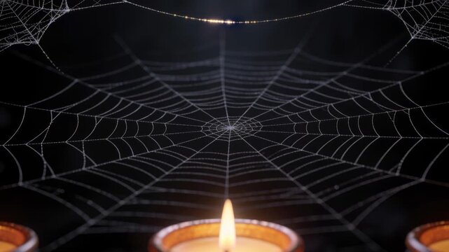 Flickering center tealight flame causing spider web threads catching light at studio, with beads