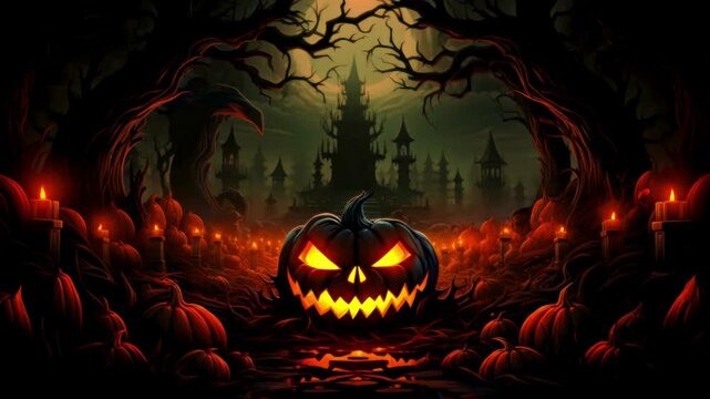 Halloween pumpkin glowing in a dark spooky forest with a castle background