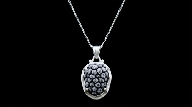 Frozen blackberry pendant on silver chain against black background, detailed berry texture and polished metal jewelry closeup