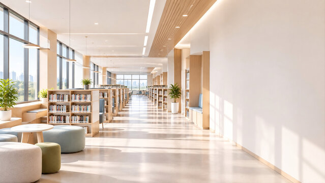 Modern bright library interior with wooden bookshelves big windows and copy space