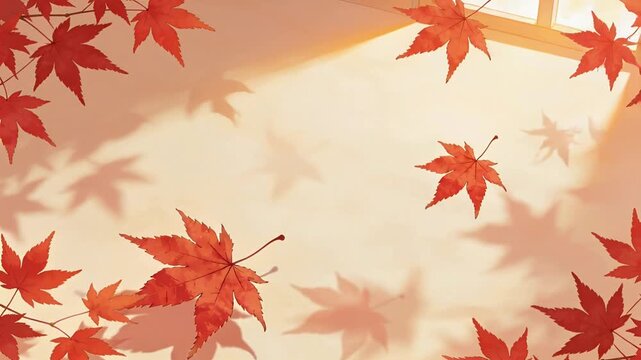 Swaying red maple leaf rotating on pale floor in quiet room from top-right window, casting shadows