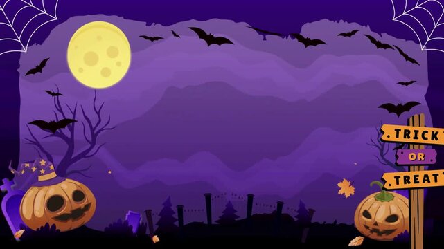 Halloween background with pumpkins and bats under a full moon