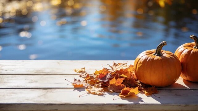 Drifting maple leaf carried by light breeze toward pile on dock, with two pumpkins, copy space