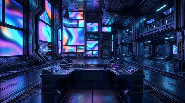 Futuristic Neon Sci-Fi Control Room with Colorful Digital Screens