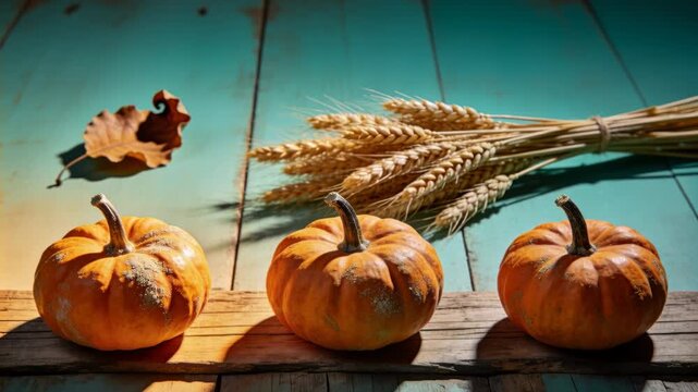 Shifting light casting shadows across three orange pumpkins on board, with wheat bundle and leaf