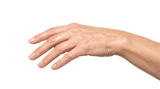 Female hand reaching down isolated on white background