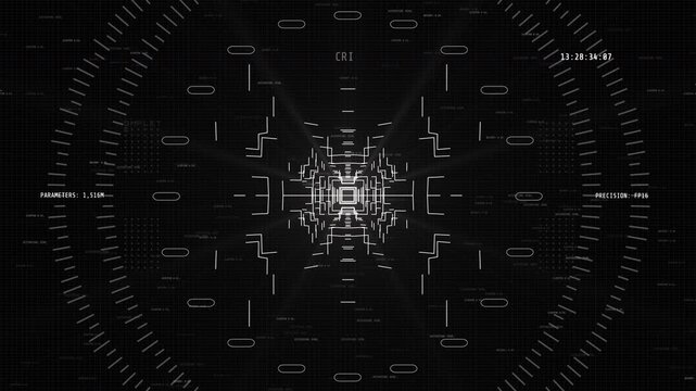 Monochrome HUD display illustrating a critical error status, neural network system malfunction, and artificial intelligence processing crash.