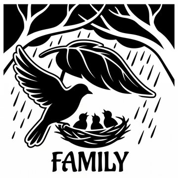 Family Bird Protecting Chicks in Nest Under Leaf Shelter During Rainy Weather