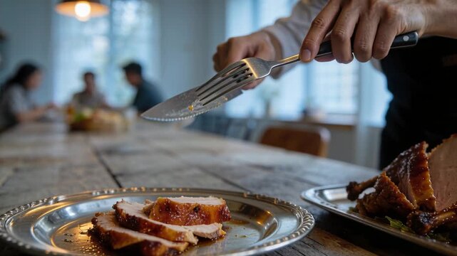 Carving chef in coat slicing roast with knife on long table for service, plating, copy space