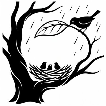 Parent Bird Sheltering Chicks in Nest on Tree Branch in Rain, Nature Protection Concept