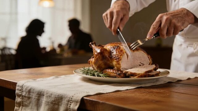 Placing fork and knife, white-cuff hands slicing roast on dining table, serving slices to diners