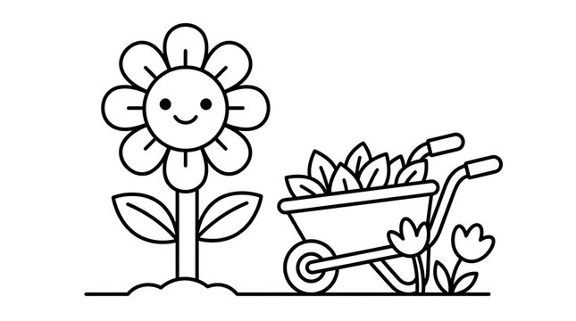 Cute smiling flower with a wheelbarrow in a garden line art illustration