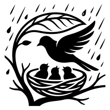Mother Bird Sheltering Chicks in Nest on Branch During Rainy Weather - Silhouette Nature Illustration