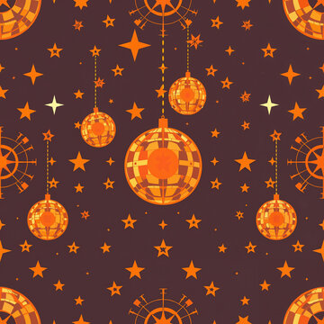 Colorful festive pattern with disco balls and stars on dark background