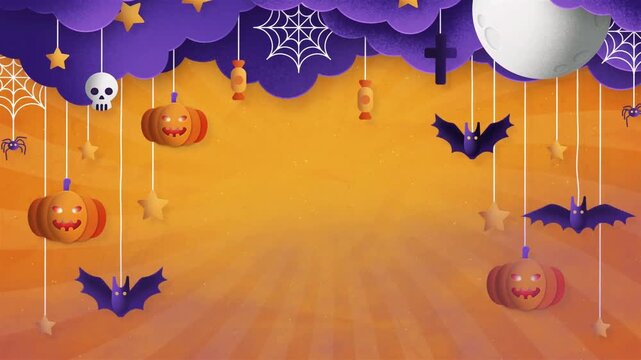 Halloween paper craft background with hanging pumpkins and bats animation