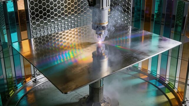 Lowering machining spindle assembly contacting reflective metal sheet at shop floor, cutting metal