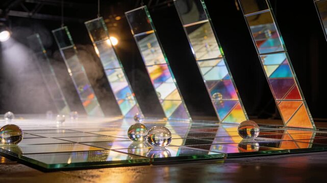 Fog puffing haze, rolling glass spheres shifting on mirrored stage for optics, prism casting color