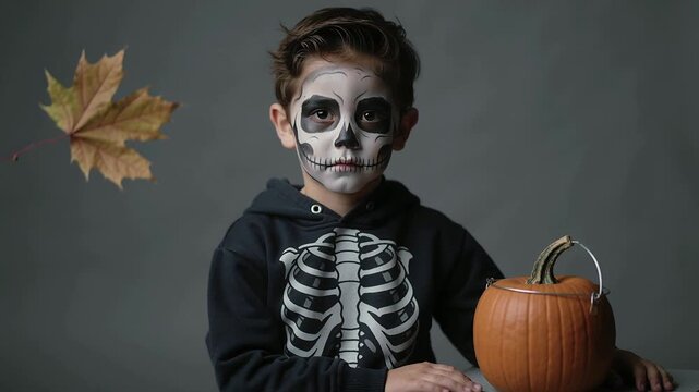 Tilting child in skull-paint and skeleton-hoodie moving hands at studio on cue, pumpkin, maple leaf