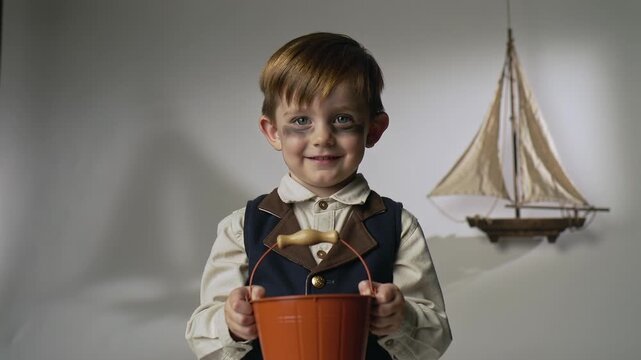 Camera framing shifting, boy holding orange bucket in studio, wearing navy vest and posing
