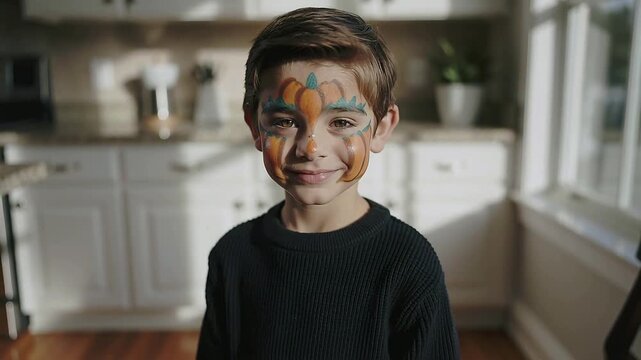 Camera starting, boy with pumpkin paint turning to camera in kitchen showing paint in dark sweater