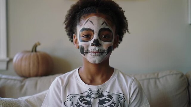 Recording child with skull makeup on couch, wearing skeleton tee, showing pumpkin for costume shot