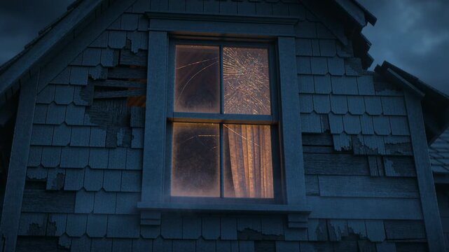 Cracking gabled window revealing warm glow at night as crack appears, with curtain and mist