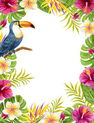 Tropical flowers and palm leaves frame with toucan bird. Hand drawn watercolor painting with Hibiscus flowers,  frangipani and strelitzia. © Marisha