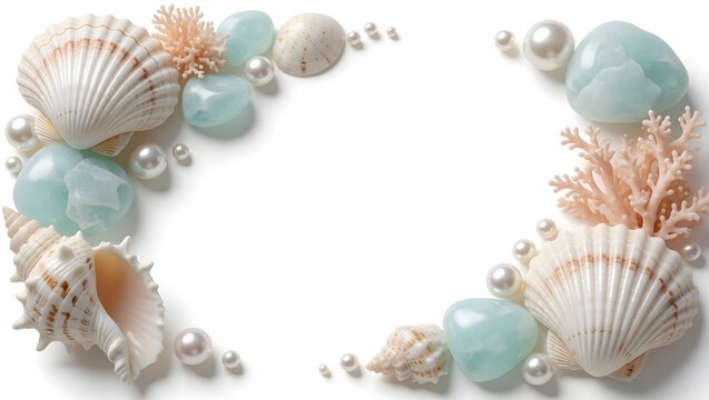 Elegant seashell and gemstone frame border with pearls and coral on a clean white background.