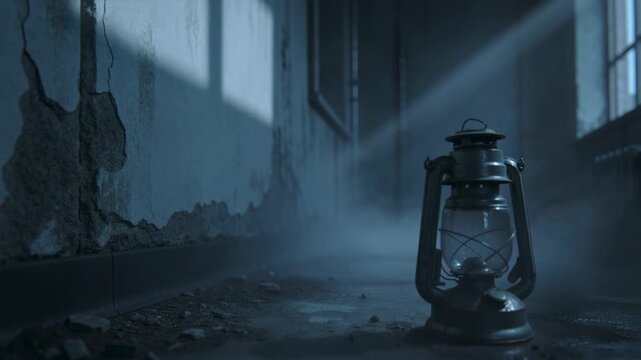 Entering light via high window sweeping across ruined room lighting metal kerosene lantern and dust