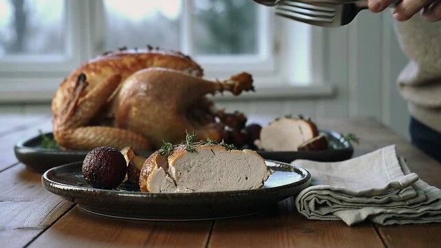 Approaching platter, cook in sweater carving roast breast at home, plating with fork and potatoes