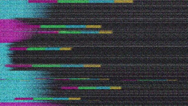 Grainy crt scanline texture features neon pink and blue glitch effects. Digital noise distorts the dark background.