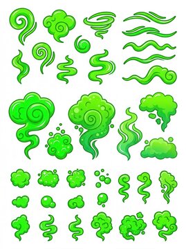 Green Cartoon Bad Smell Clouds and Toxic Gas Swirls Vector Illustration Set for Stinky Odor and Fumes Design