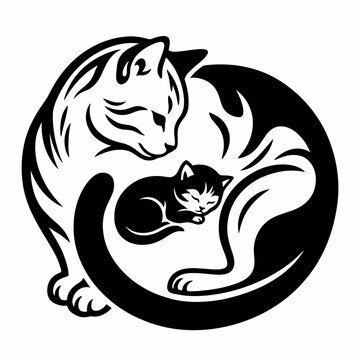 Mother Cat And Sleeping Kitten Yin Yang Illustration Representing Love And Protection