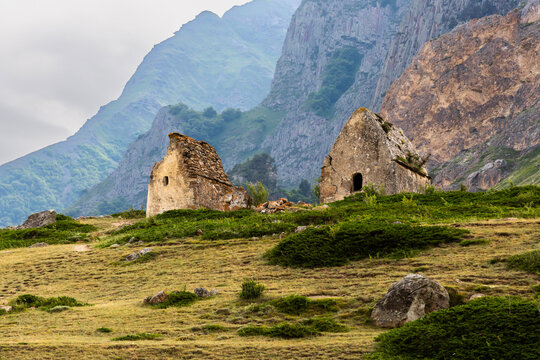 Tombs of City of Dead in village Eltyubyu, necropolis in North Caucasus mountains