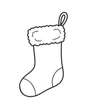 Black and white outline of a christmas stocking with fur trim on a white background