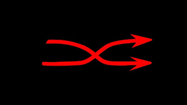 Animated red shuffle arrow doodle, crossover directional symbol on black background, video overlay graphic   