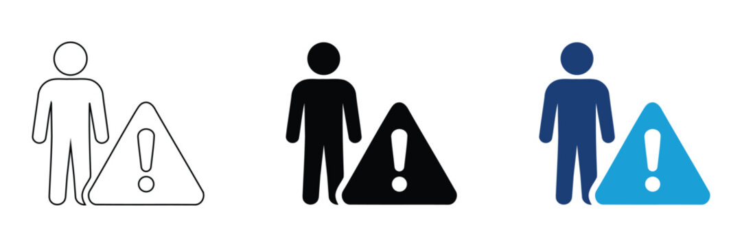 Human silhouette with caution symbol in three styles indicating alert or danger during digital representation