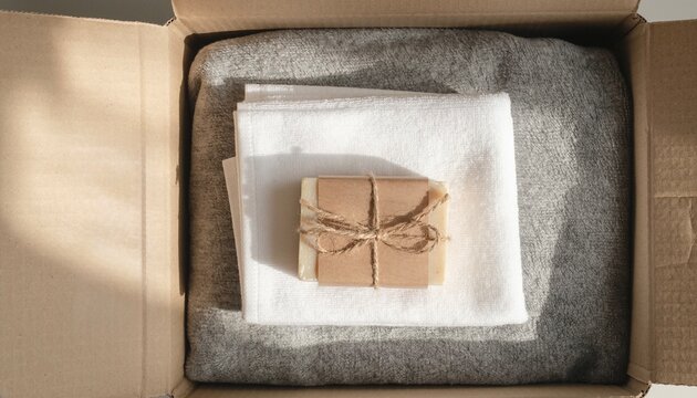 Top view of open cardboard box with folded gray blanket, white towel and handmade soap tied with twine