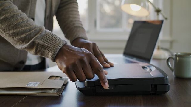 Placing papers on scanner at home office, man in cardigan closing lid, pressing button to scan