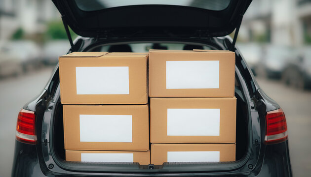 Open car trunk loaded with stacked cardboard boxes with blank white labels on a blurred street